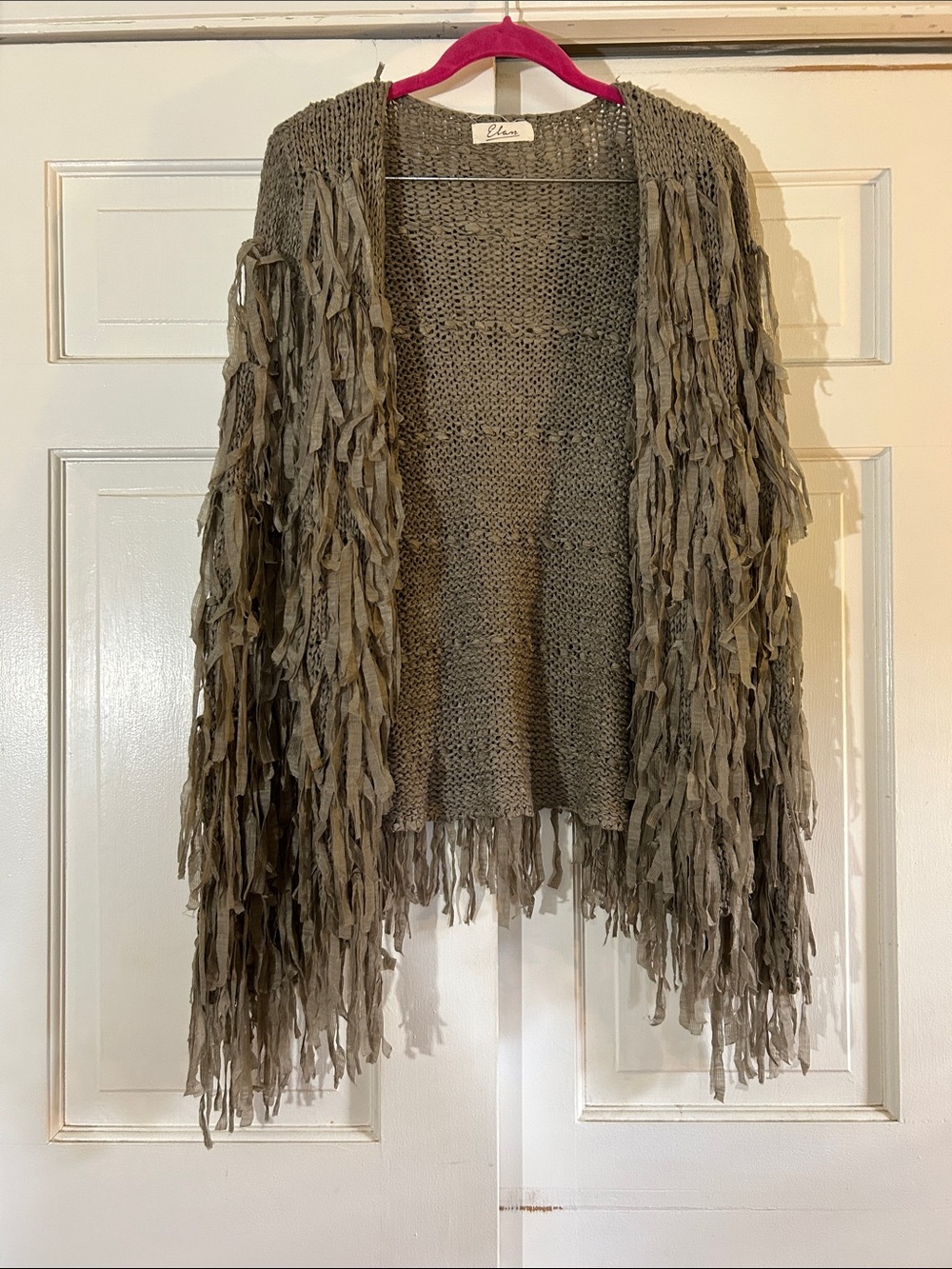Elan Olive Green Fringe Knit Cardigan
